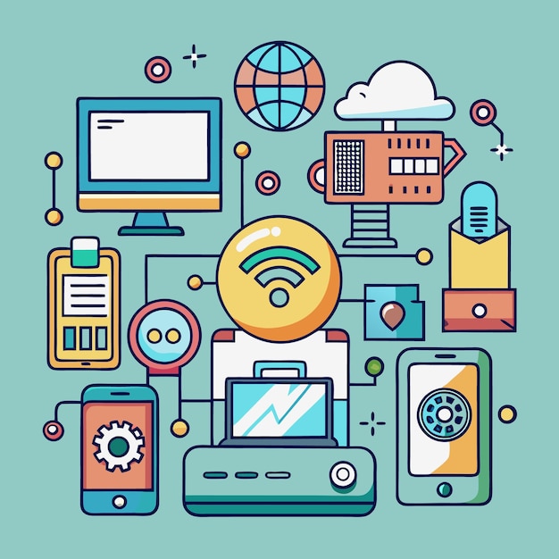 Illustration of network connection with computer mobile phone cloud computing and wifi