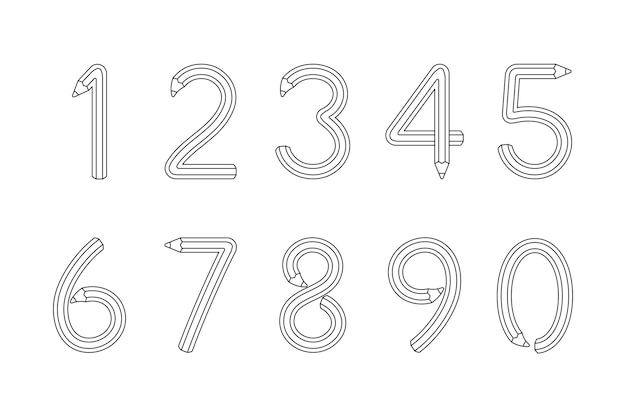 illustration of numbers shaped like colored pencils outlined in black for a kids coloring page