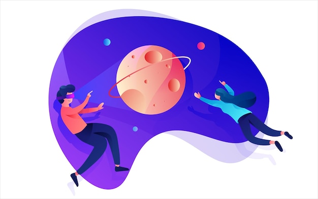 illustration of people exploring the universe in virtual reality