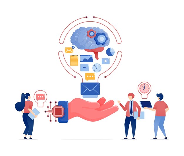 Illustration of People Using AI and Chips to Process Data and Generate Creative Ideas