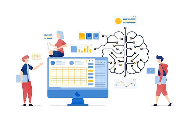 illustration of people using ai brain and internet to solve business and accounting problems