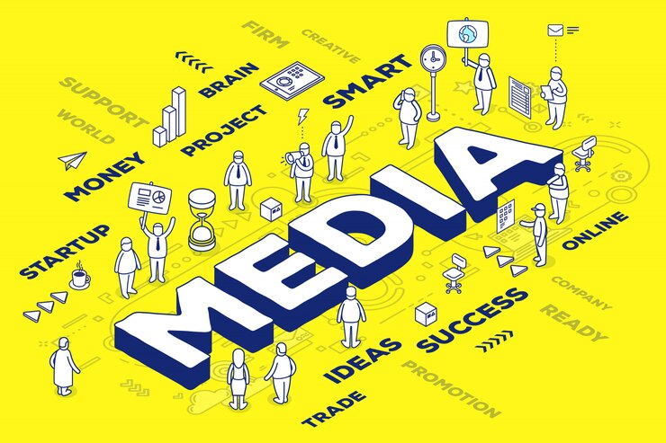 Vektör  illustration of three dimensional word media with people and tags on yellow background with scheme.