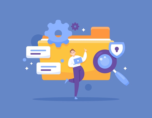 illustration of user with folder or file manager concept and file security
