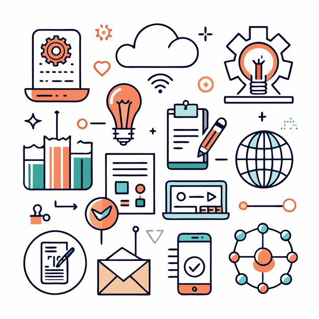 Illustration of various business icons such as a cloud a lightbulb a laptop a phone and a globe