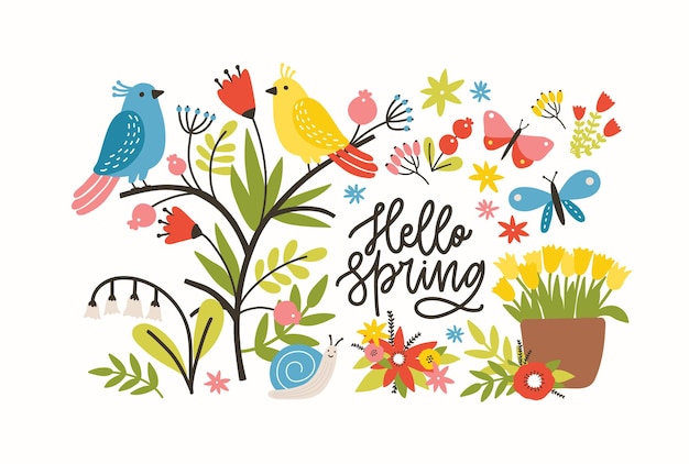 illustration with hello spring phrase, blooming meadow flowers, cute pretty funny birds and butterflies on white