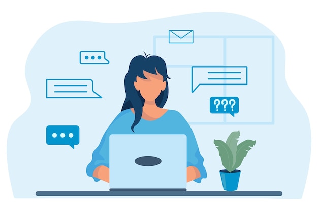 Illustration woman working at the computer office concept Blue colors