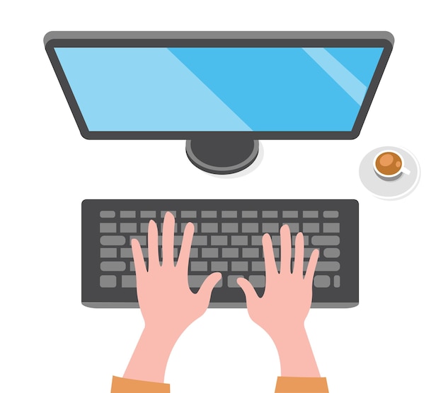 Illustration Working On Computer Screen Desktop Monitor Keyboard Hands Tea Cup