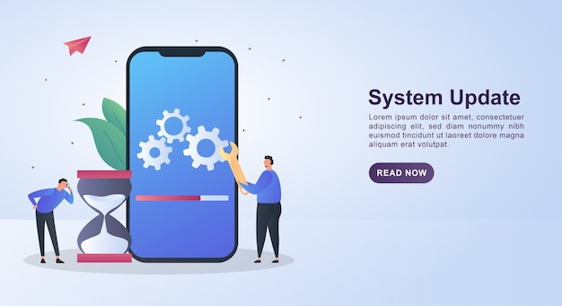 Illustrationskoncept for systemopdatering med personen, der holder en skruenøgle.