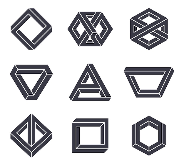 impossible optical illusion shapes geometric elements flat vector illustration set on white