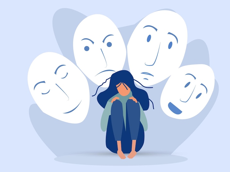Vektör imposter syndrome masks with happy or sad expressionsbipolar disorder fake faces and emotions psychology false behavior or deceivervector illustrator