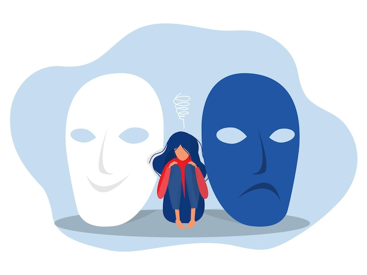 Vektör imposter syndrome woman suffering from bipolar disorder with euphoria psychotic depression