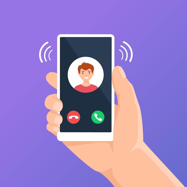 Incoming call on phone screen Hand holding smartphone with call app interface display concept