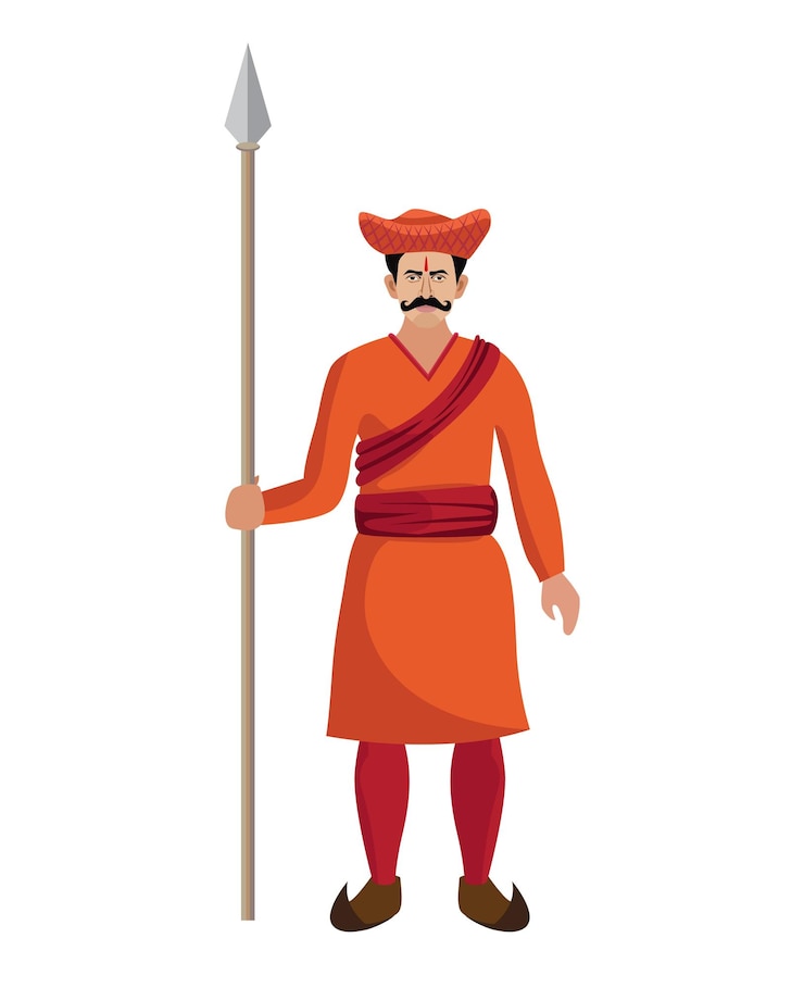 Vektör indian hindu maratha traditional soldier warrior standing with spear vector illustration