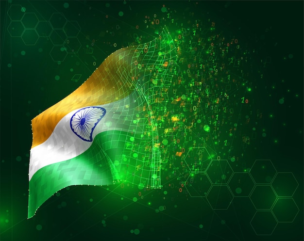Indien, vektor 3d-flagga på grön bakgrund med polygoner och datasiffror