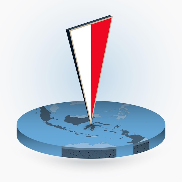 Indonesia map in round isometric style with triangular 3D flag of Indonesia