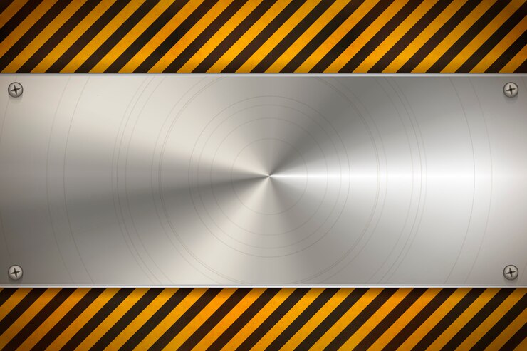 Vektör industrial background with metal blank plate on worn warning pattern with red and white stripes