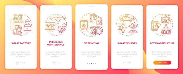 Industry .0 trends onboarding mobile app page screen with concepts. Smart sensors, predictive maintenance walkthrough  steps. UI  template 