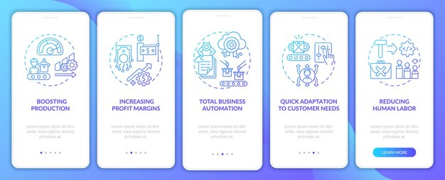 industry 4.0 aims onboarding mobile app page screen with concepts. total automation, human labor reduction walkthrough 5 steps  ui  template with rgb color illustrations