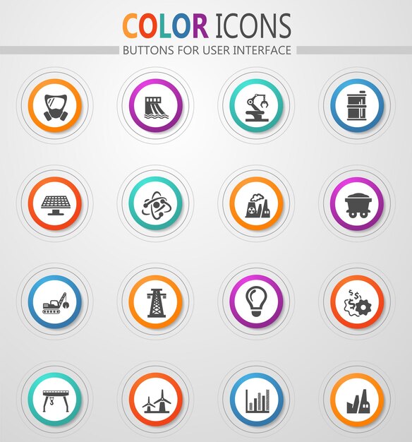 Industry icons on round white buttons with color strokes