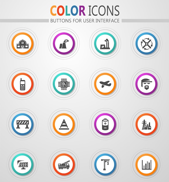 Industry icons on round white buttons with color strokes