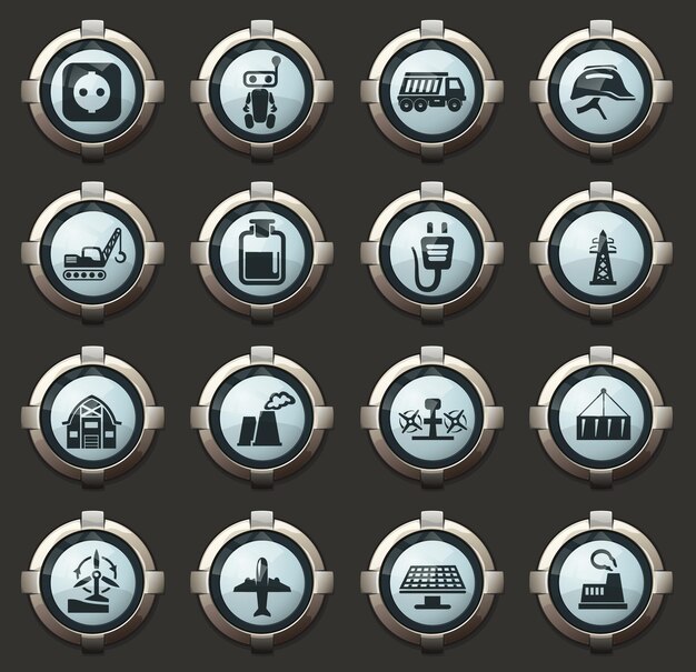 Industry vector icons in the stylish round buttons for mobile applications and web