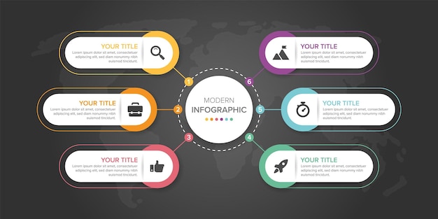 Infografik öğesi vektör 6 seçenek, adım, liste, süreç için yaratıcı konsept. Soyut öğeler