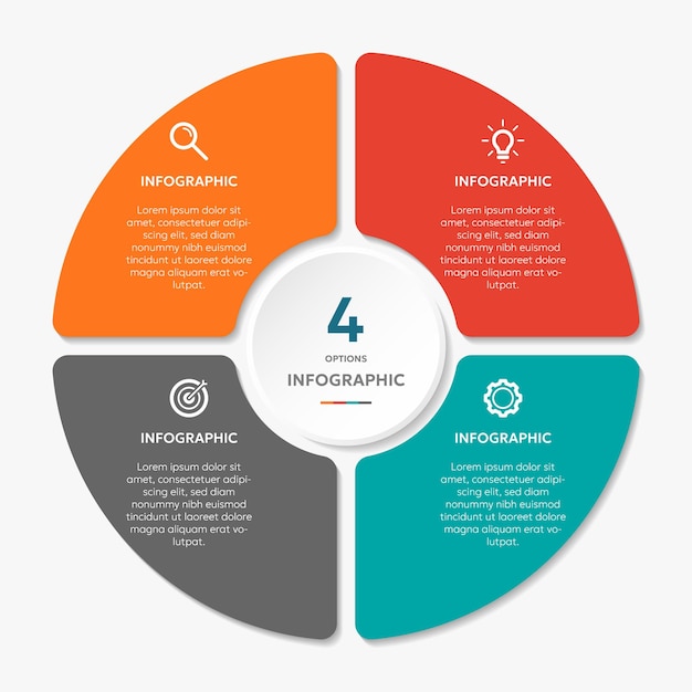 Infografik skabelon med cirkeldiagram og 4 muligheder til præsentationer