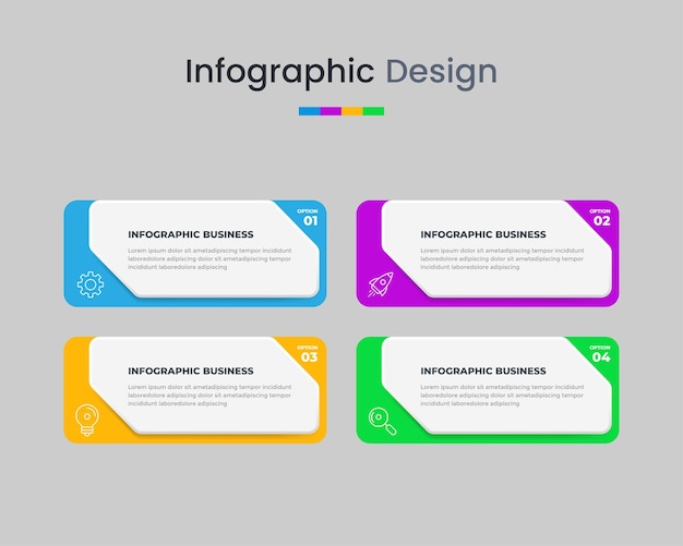 Infografikdesignmall för företag med ikoner och 4 alternativ eller steg för arbetsflödespresentation