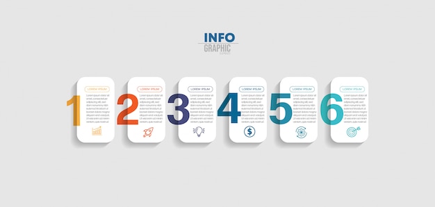 Infografikelement med ikoner och 6 alternativ eller steg.