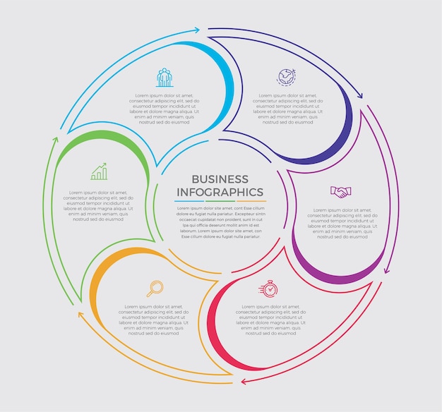 Infografisk design och marknadsföringsikoner. Affärsidé med 6 alternativ, steg eller processer.