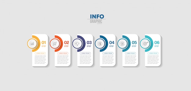 Infografisk element med ikoner og 6 muligheder eller trin.