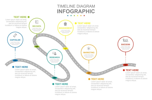 Infografisk virksomhedsskabelon. Moderne tidslinje diagram med vejrejse koncept præsentation.