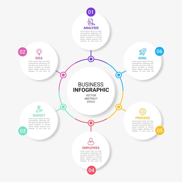 Infograph elements Circle chart 6 steps of business work process Flowchart diagram Graph icons for presentation Timeline flow infographic Workflow strategy Vector design template