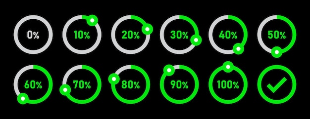 Infographic loading circles and progress circles set with 0 to 100 percent in green color vector