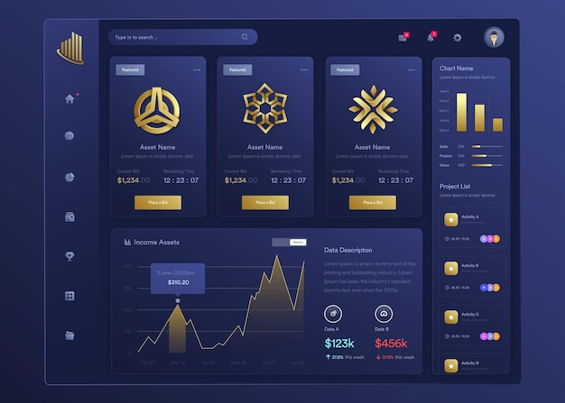 Infographic NFT dashboard UIUX design with graphs charts and diagram