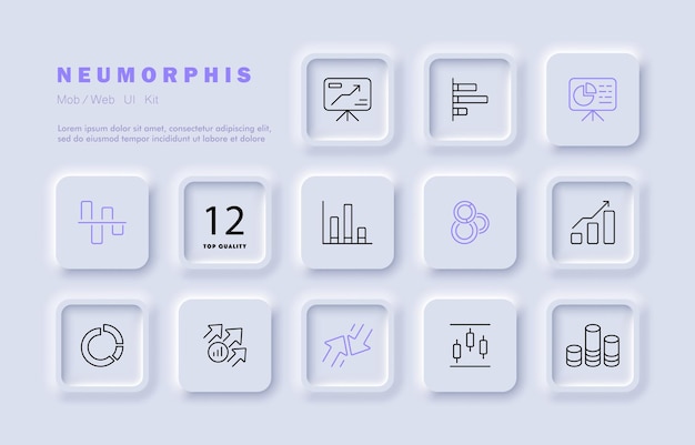 Infographic set icon Analytics charts columns tables databases success career magnifier clipboard Data analysis concept Neomorphism style Vector line icon for Business and Advertising