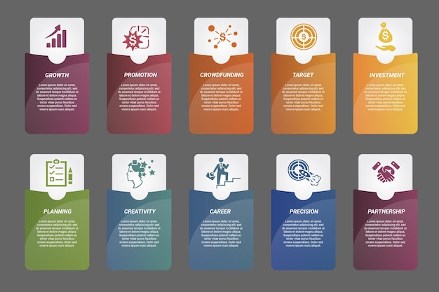 infographic startup template icons in different colors include partnership precision career creativity and others
