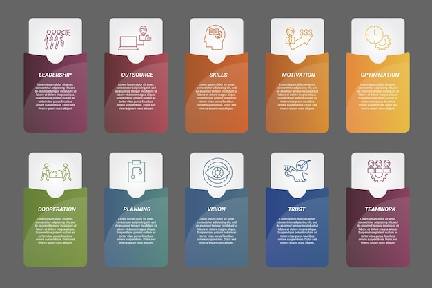 infographic teamwork template icons in different colors include teamwork trust vision planning and others