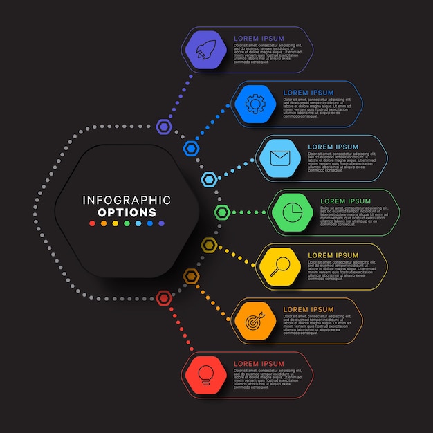 infographic template with seven hexagonal elements on black background modern business process