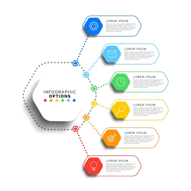 infographic template with six thin line multicolor hexagonal elements on a white background