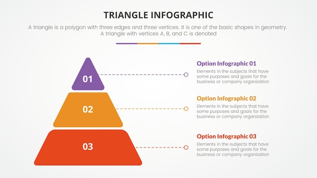 infographic triangle concept for slide presentation with 3 point list with flat style