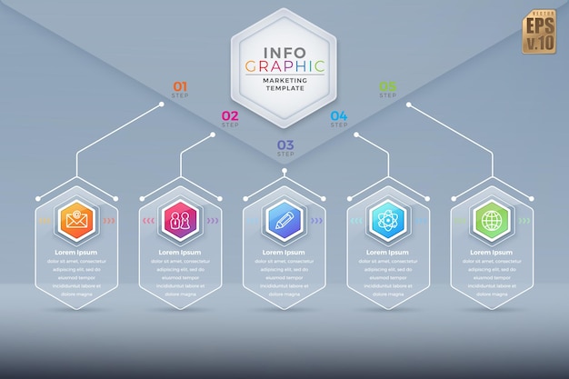 infographic vector business hexagon icons luxury design colorful template 5 options in glass transparency you can used for marketing process workflow presentations layout flow chart print ad