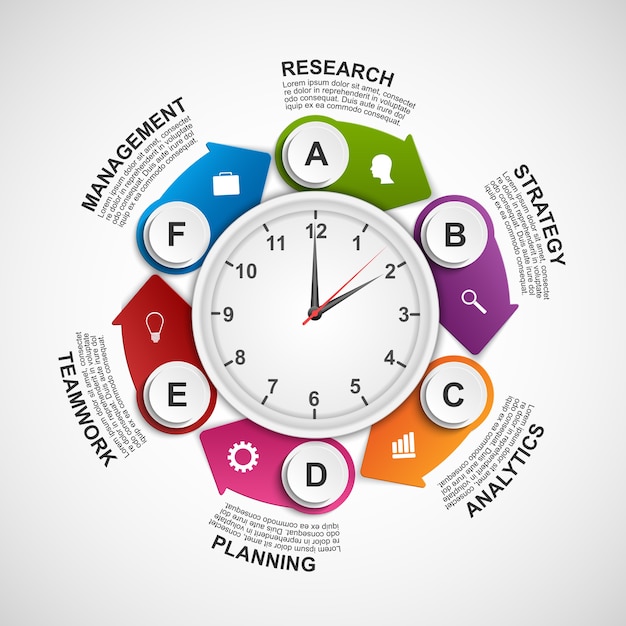 Infographics clock with arrows in a circle. 