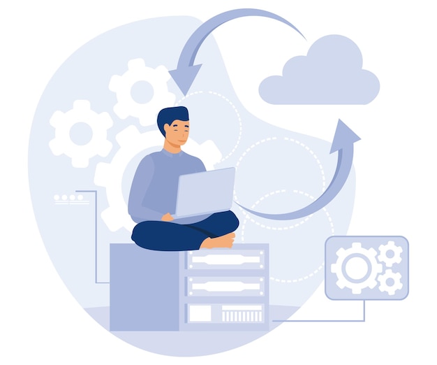 Information management concept Backup server cloud based engine flat vector modern illustration