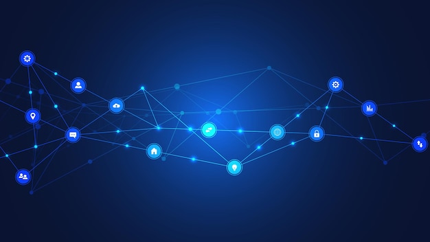 Information technology background with infographic elements and flat icons. Digital technology, network connection and communication concept. Vector illustration.