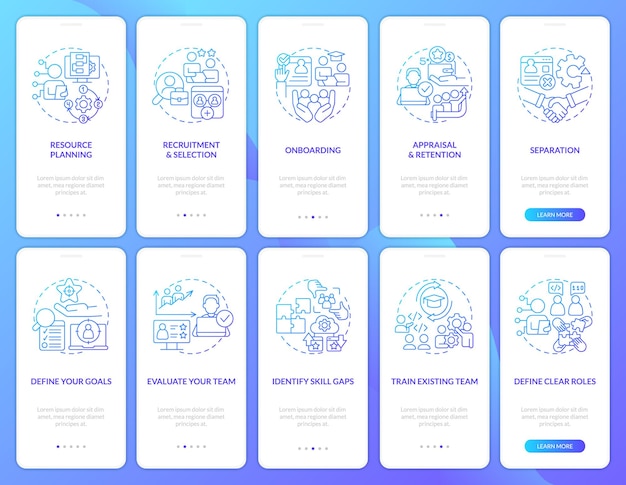 Information technology staffing blue gradient onboarding mobile app screens set