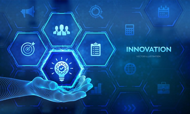 Innovationsikon i trådramshand. Innovativ affärsidé och teknologikoncept