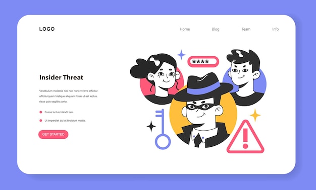 Insider threat web banner or landing page Threat to an organization that comes from employees contractors or business associates Access to inside data Flat vector illustration