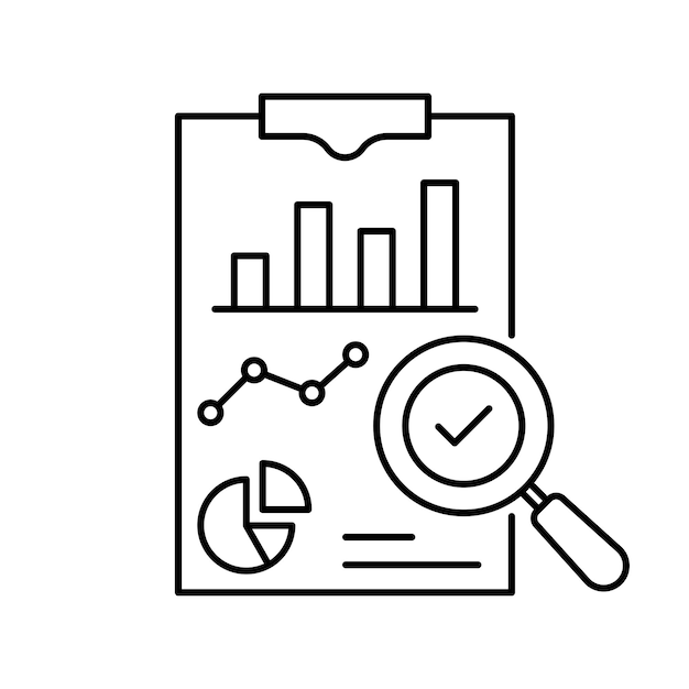 insight or assesment icon like kpi metric outline stroke design or simple graphic validate doc logotype element for business or web concept of violating search or regulation process or finance model