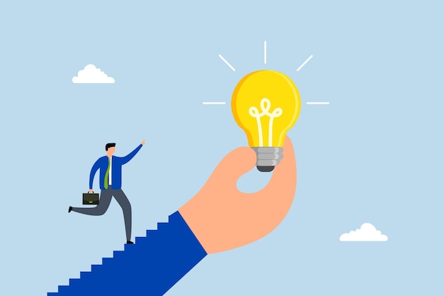 Inspiration idea to inspire entrepreneur ascends staircase of large hand grasping motivating shinin